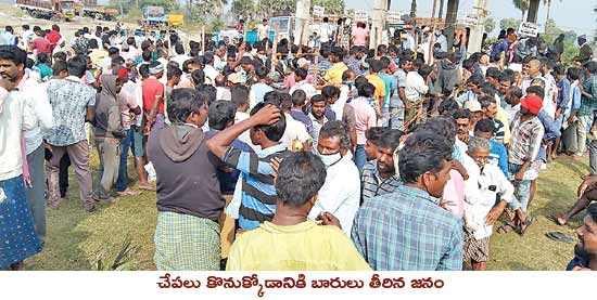 చేపలు గుట్టలు గుట్టలు.. జనం బారులు బారులు