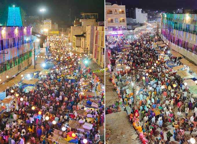 ప్రసిద్ధ శైవక్షేత్రంగా విరాజిల్లుతున్న వేములవాడలోని శ్రీ రాజరాజేశ్వరస్వామి ఆలయం వద్ద భక్తుల రద్దీ